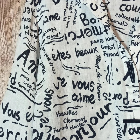 Linen Laura Ashley Woman french print black white button cuffed sleeve 1X - Picture 3 of 12